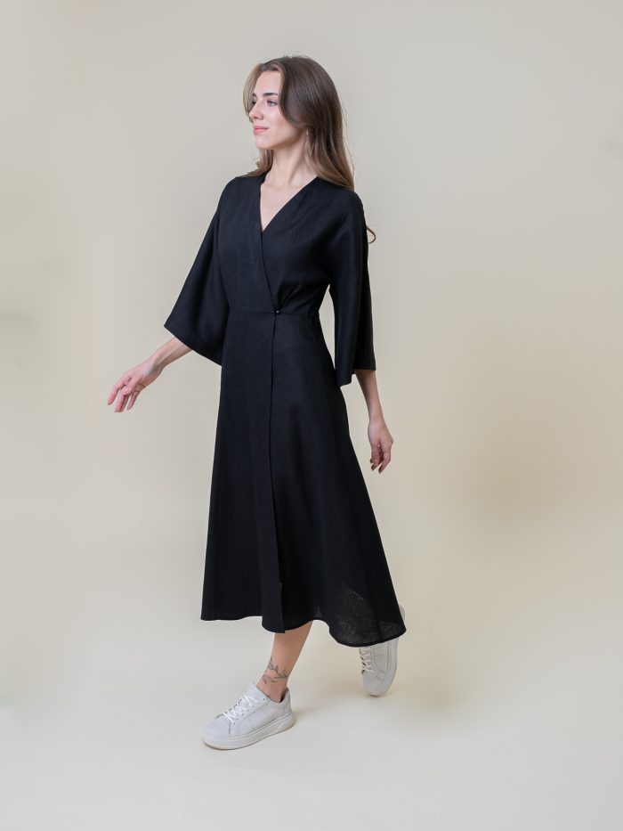 Linen Wrap Midi Dress Black side view Linen Wrap Midi Dress Black side view