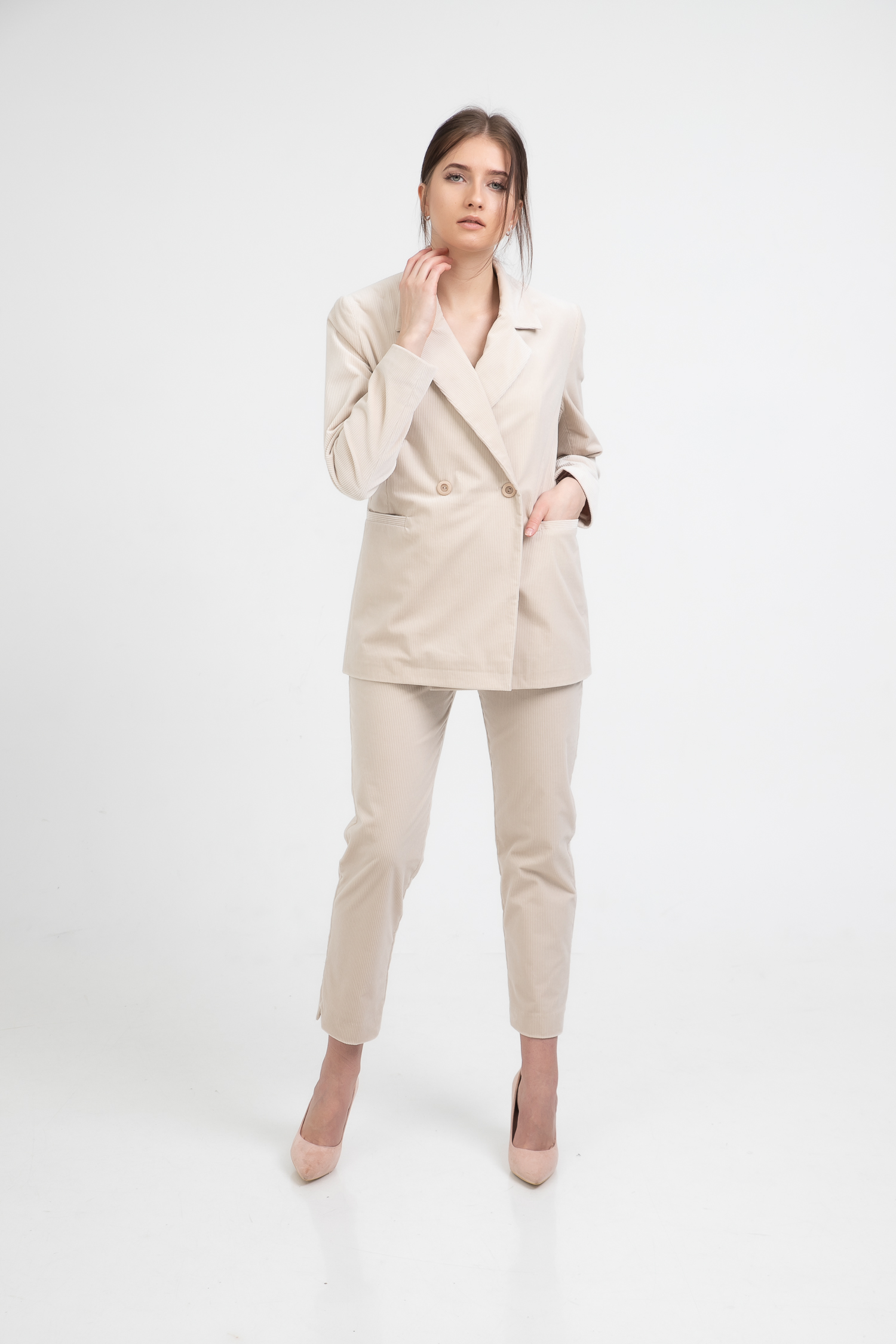 Oversized Double Breasted Cotton Velvet Blazer Light Beige another view