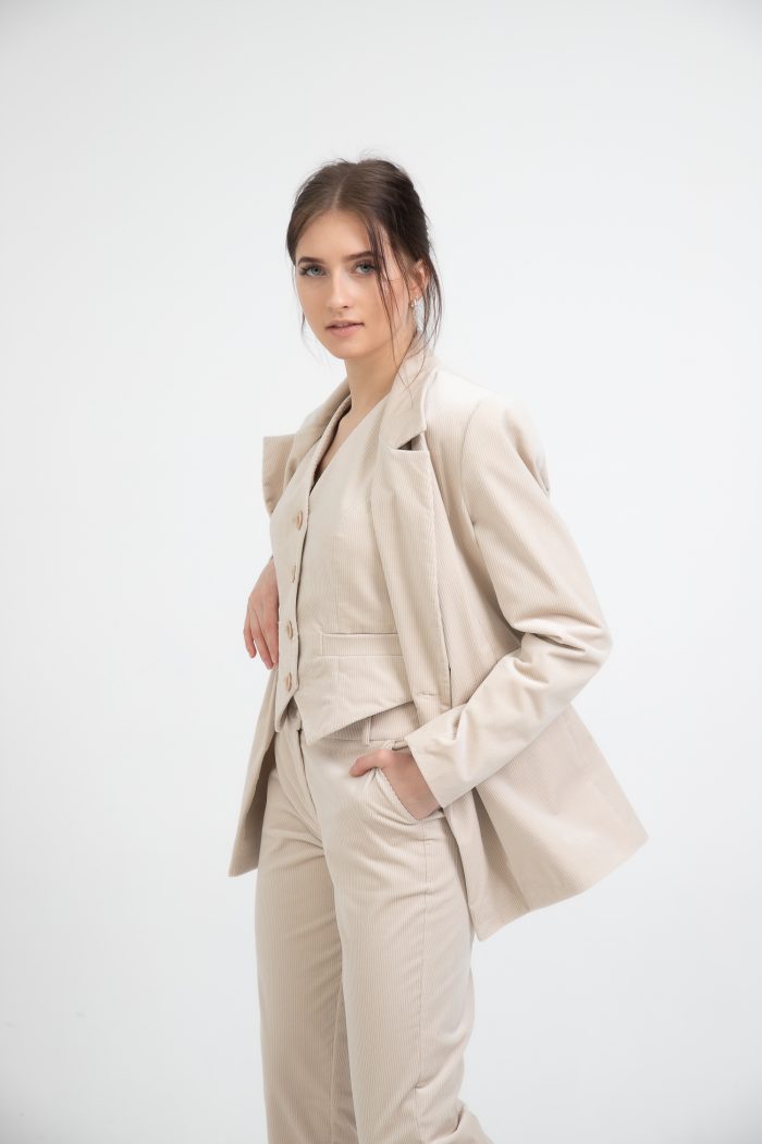 Oversized Double Breasted Cotton Velvet Blazer Light Beige side view Oversized Double Breasted Cotton Velvet Blazer Light Beige side view