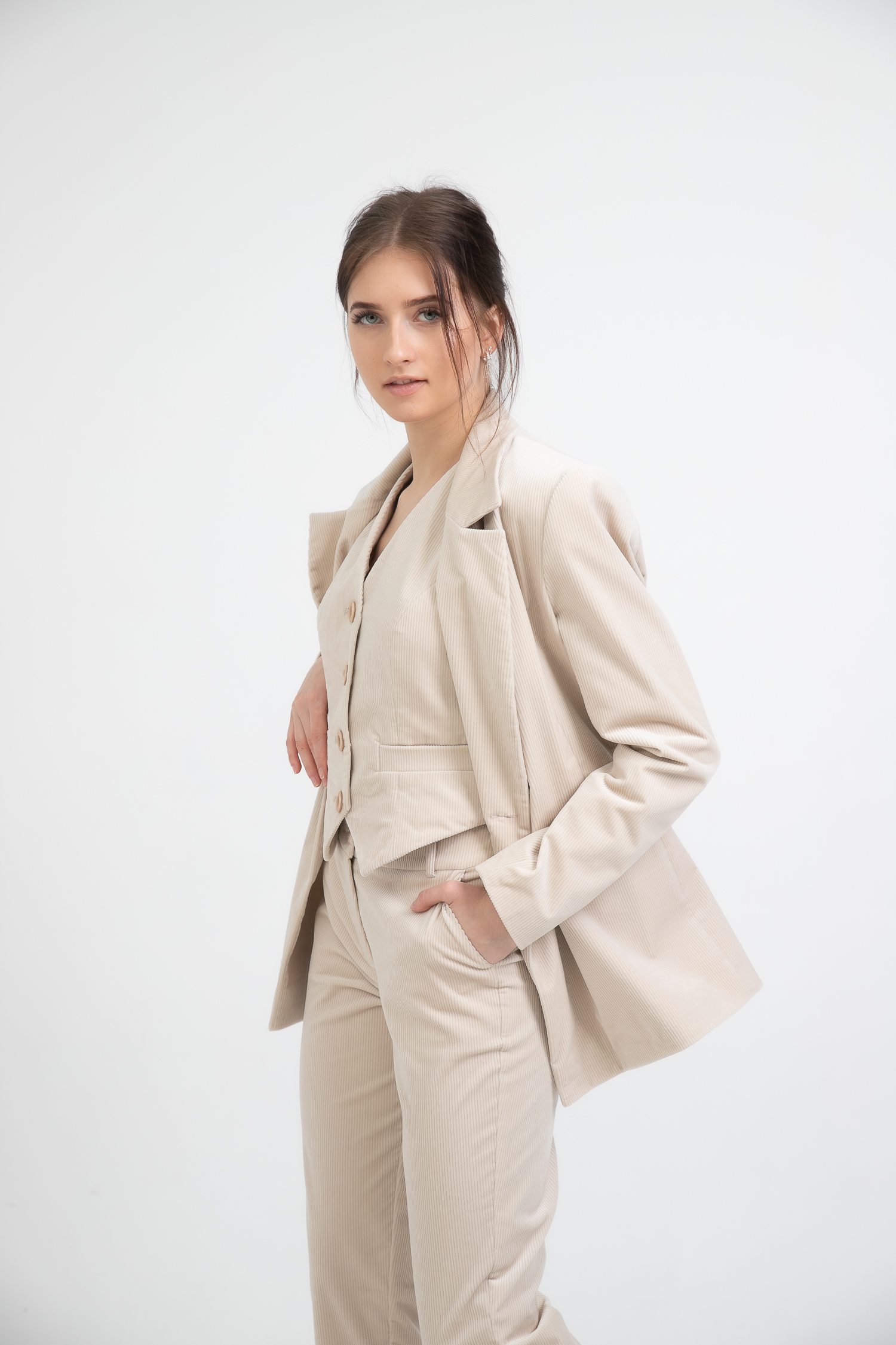 Oversized Double Breasted Cotton Velvet Blazer Light Beige side view