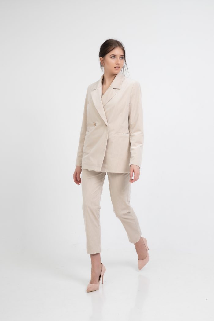 Oversized Double Breasted Cotton Velvet Blazer Light Beige step view Oversized Double Breasted Cotton Velvet Blazer Light Beige step view