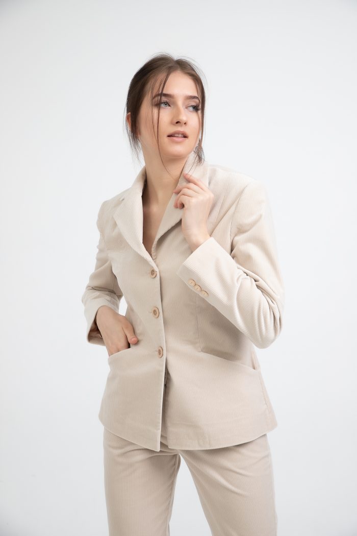 Single Breasted Cotton Velvet Fitted Blazer Light Beige another front view Single Breasted Cotton Velvet Fitted Blazer Light Beige another front view
