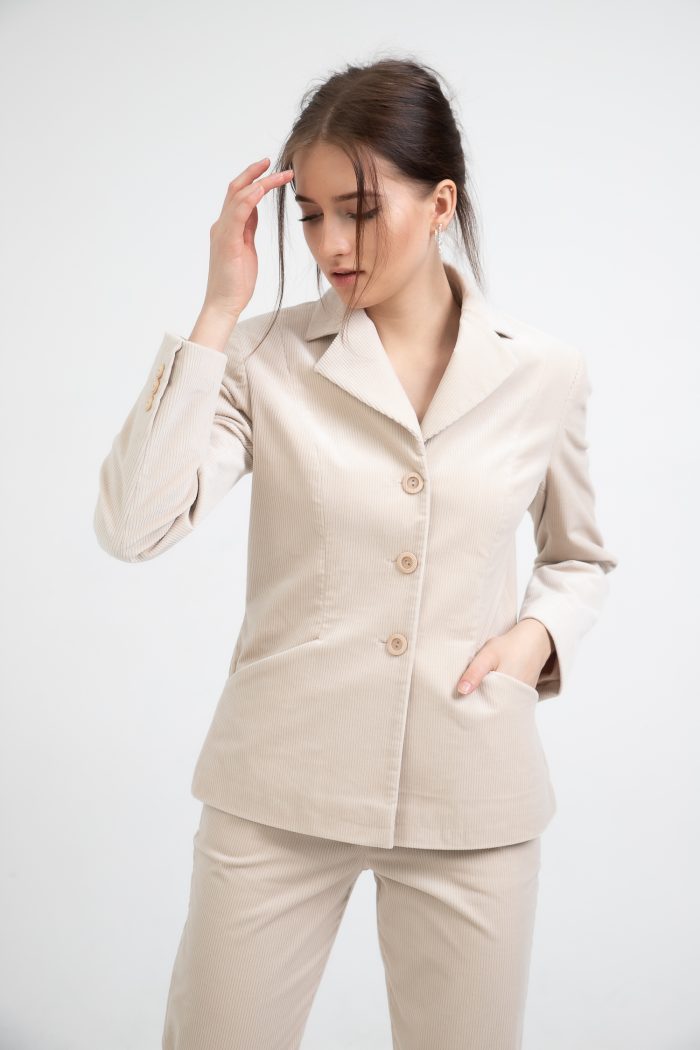 Single Breasted Cotton Velvet Fitted Blazer Light Beige pocket front view Single Breasted Cotton Velvet Fitted Blazer Light Beige pocket front view