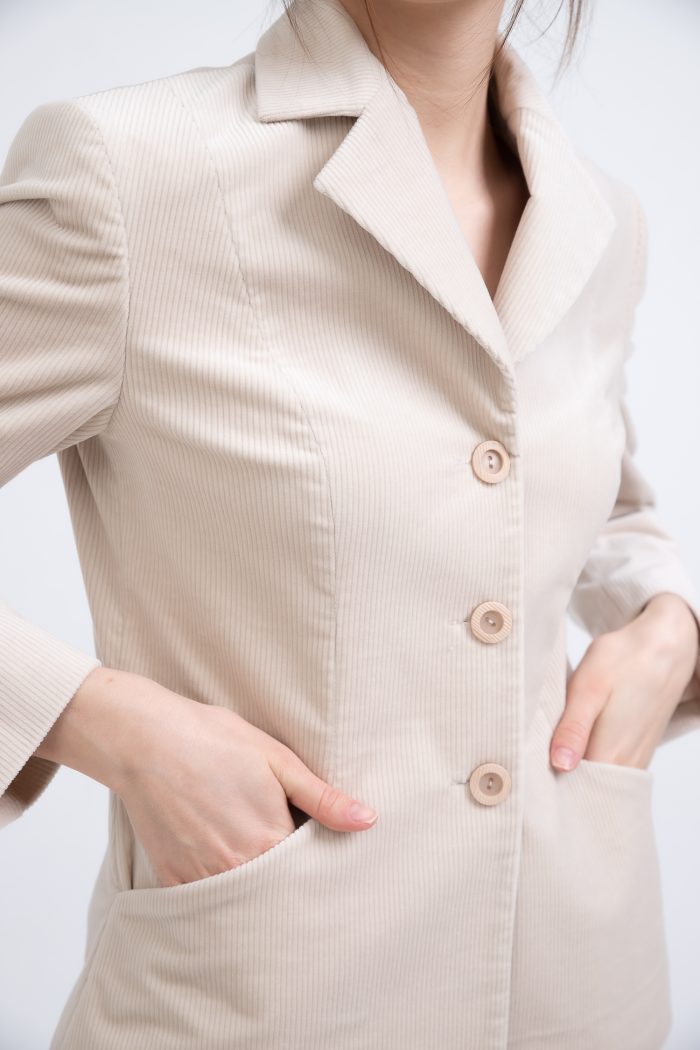 Single Breasted Cotton Velvet Fitted Blazer Light Beige pocket view Single Breasted Cotton Velvet Fitted Blazer Light Beige pocket view