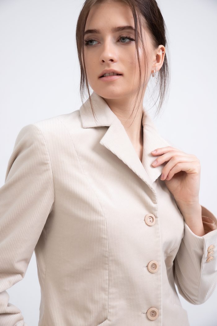 Single Breasted Cotton Velvet Fitted Blazer Light Beige side view Single Breasted Cotton Velvet Fitted Blazer Light Beige side view