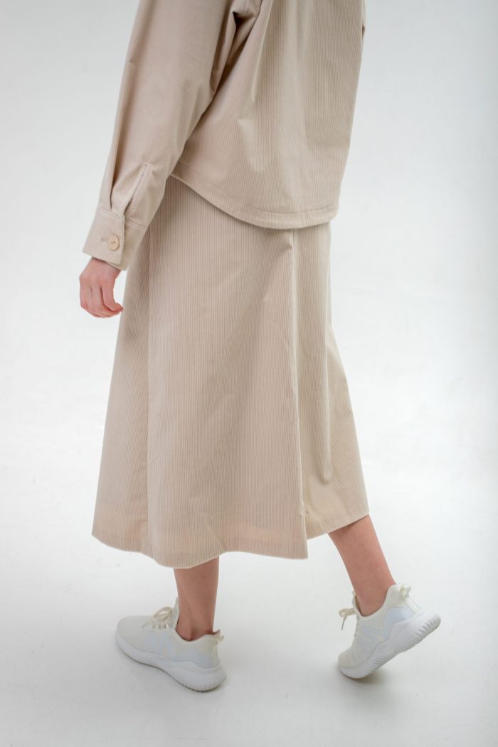 Corduroy High Waist Midi Skirt Light Beige low back view Corduroy High Waist Midi Skirt Light Beige low back view