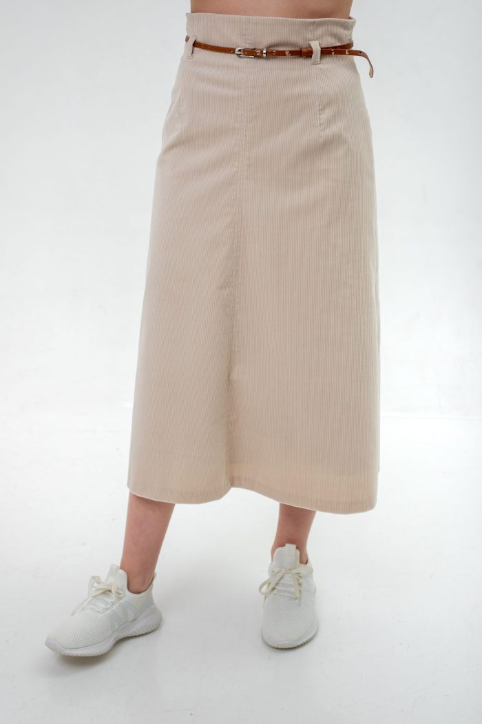 Corduroy High Waist Midi Skirt Light Beige low front view Corduroy High Waist Midi Skirt Light Beige low front view