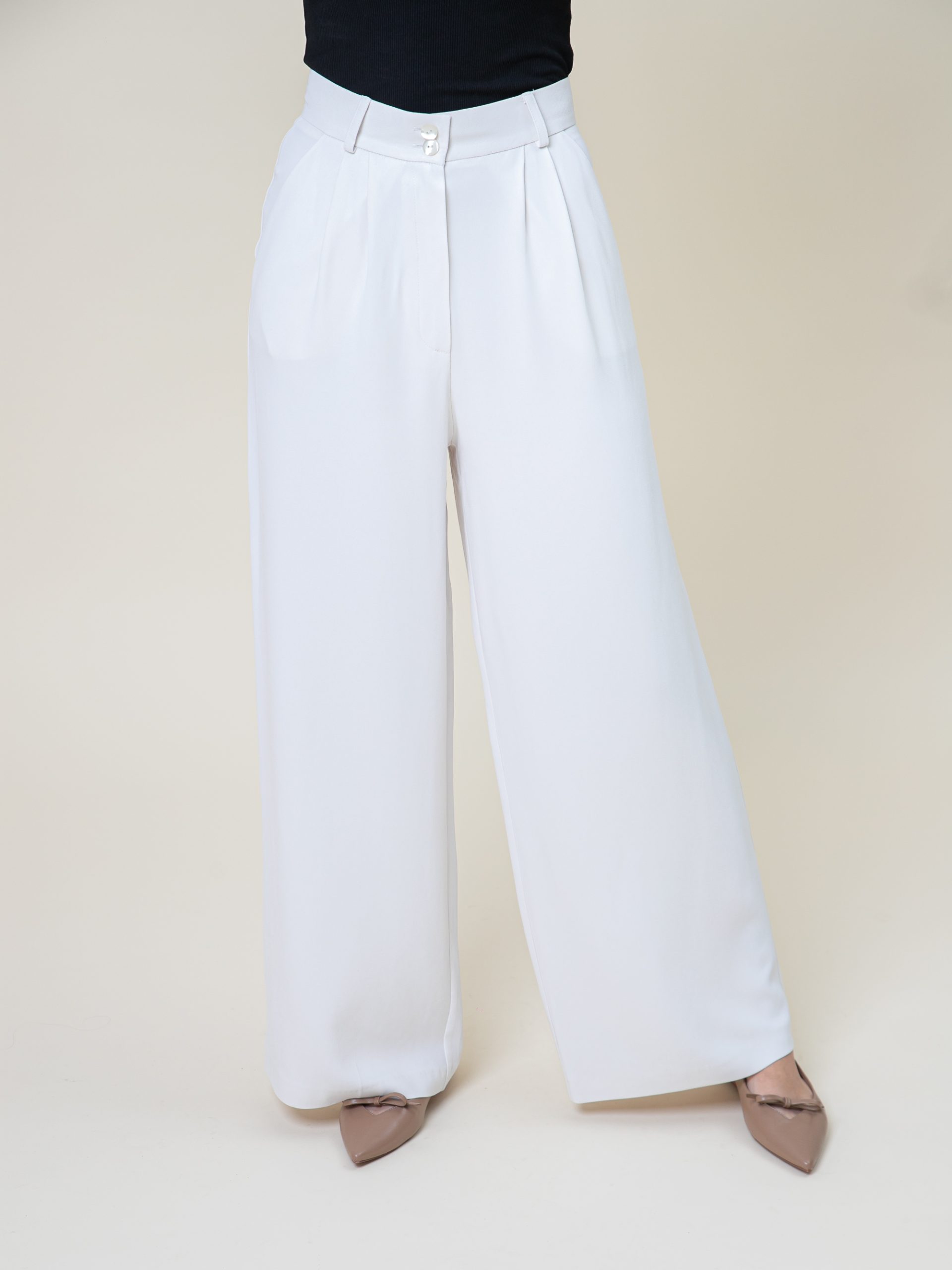 Wide Leg Viscose Trousers Palazzo Off White low front view