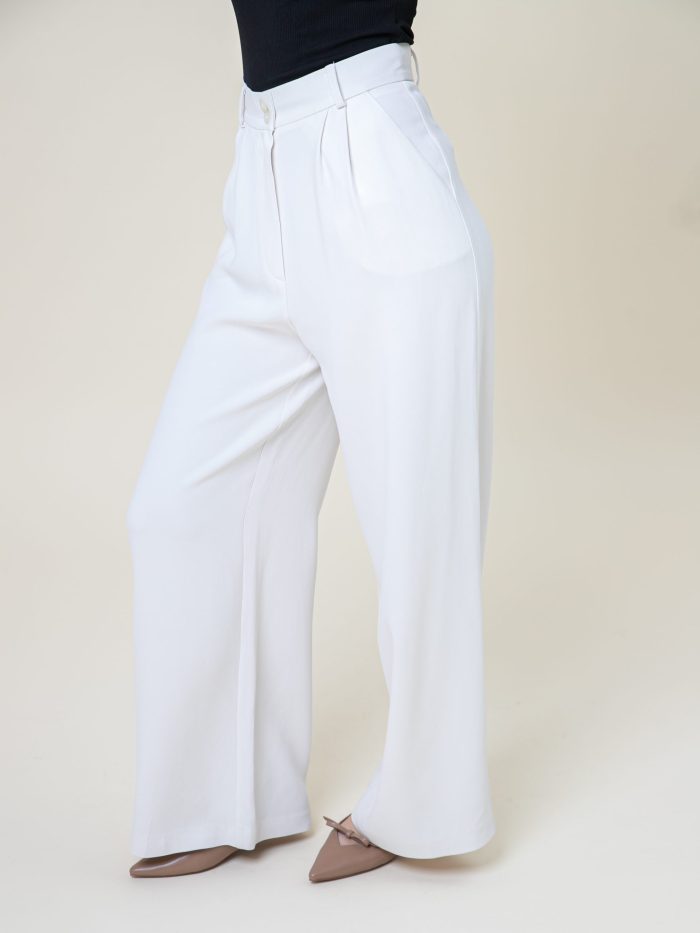 Wide Leg Viscose Trousers Palazzo Off White side low view Wide Leg Viscose Trousers Palazzo Off White side low view