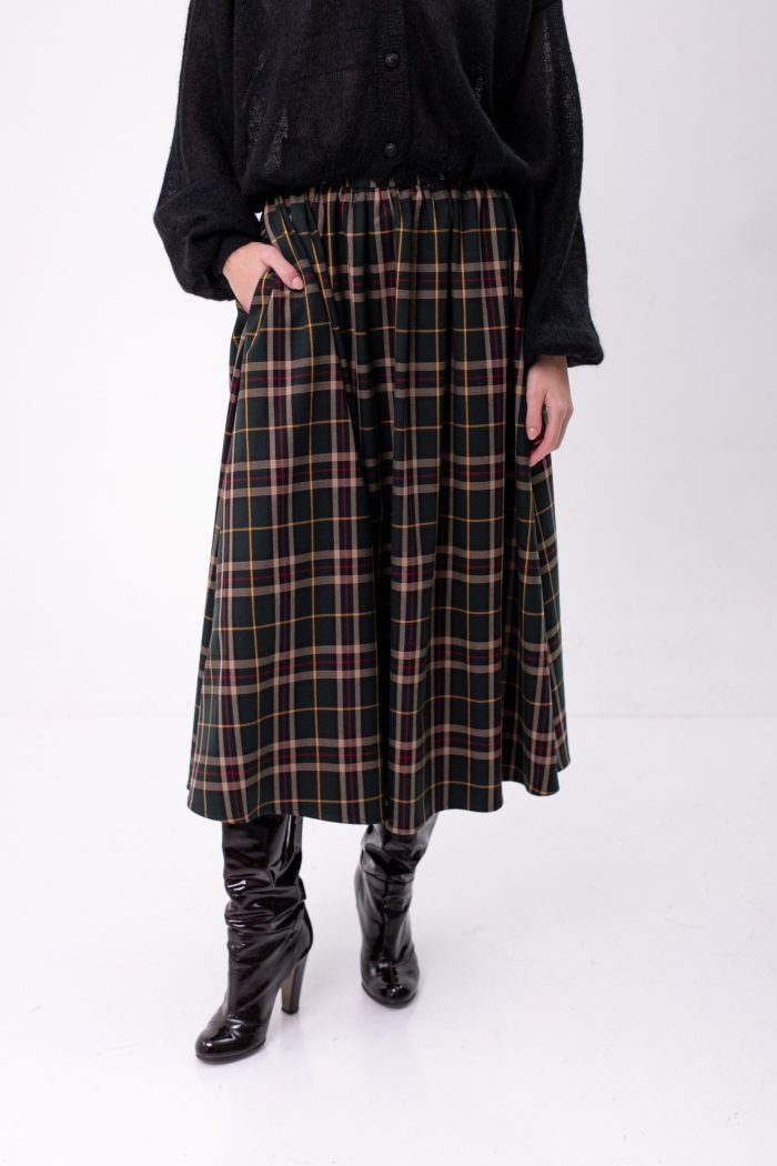 Checked Viscose Midi Skirt Green front bottom view Checked Viscose Midi Skirt Green front bottom view