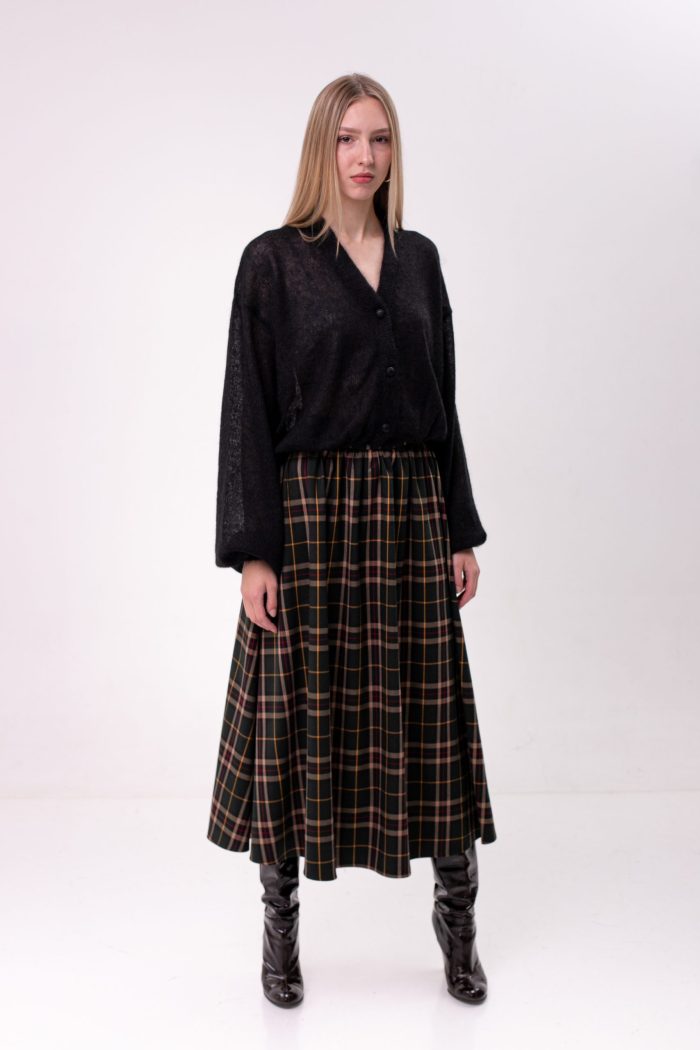 Checked Viscose Midi Skirt Green front side view Checked Viscose Midi Skirt Green front side view