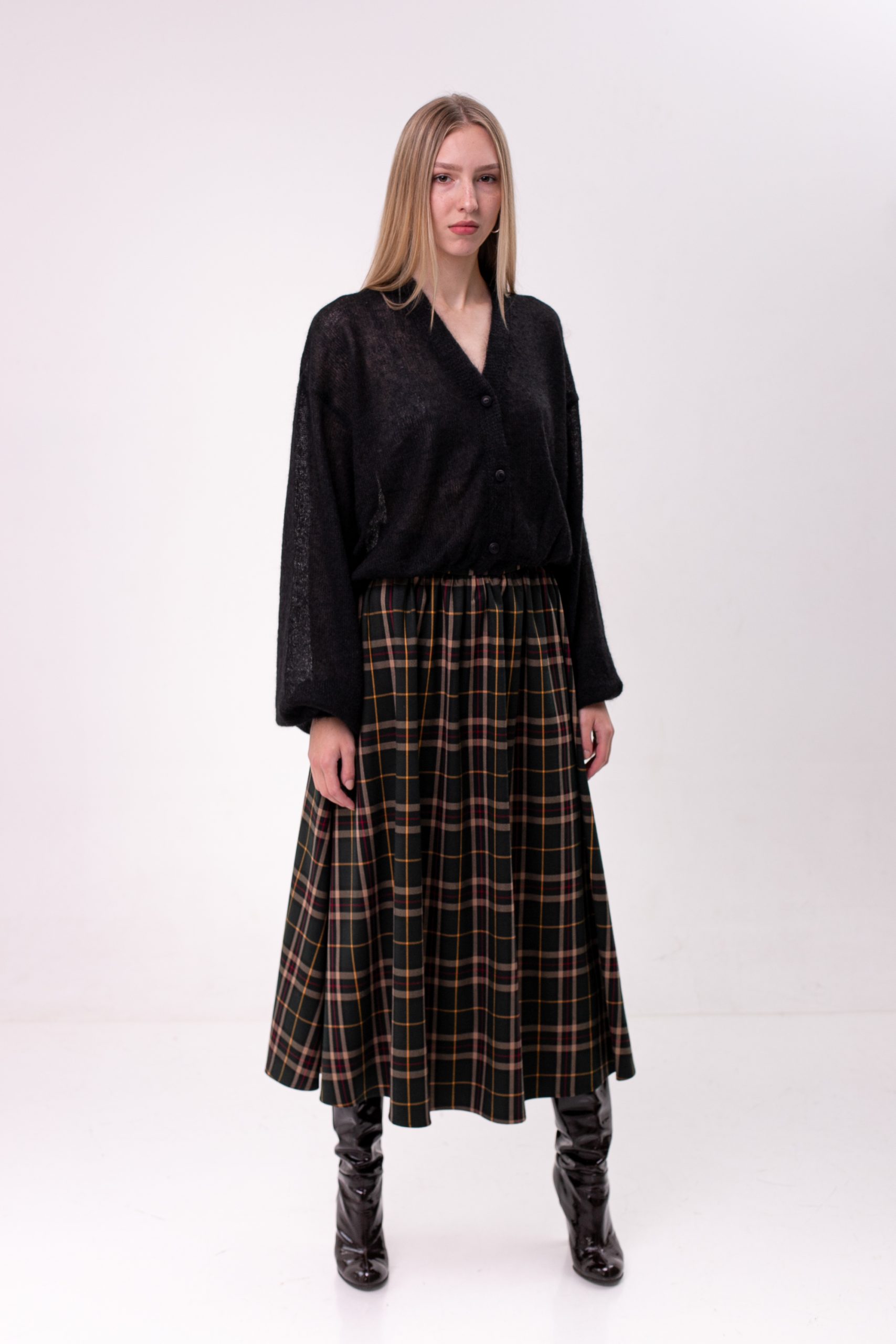 Checked Viscose Midi Skirt Green front side view