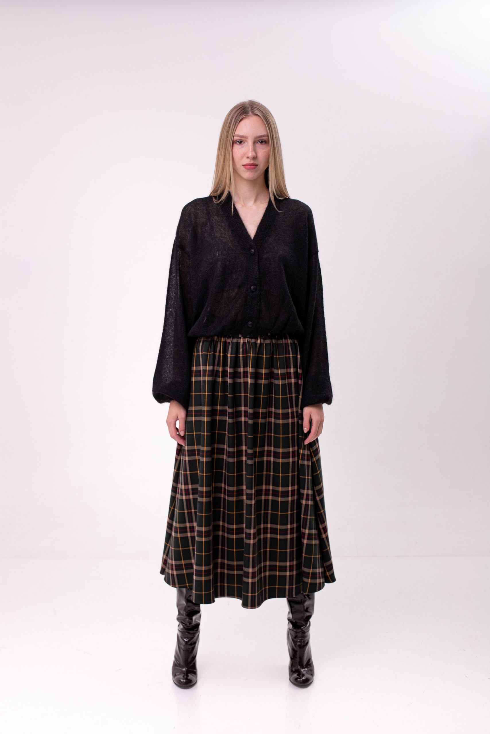 Checked Viscose Midi Skirt Green front view