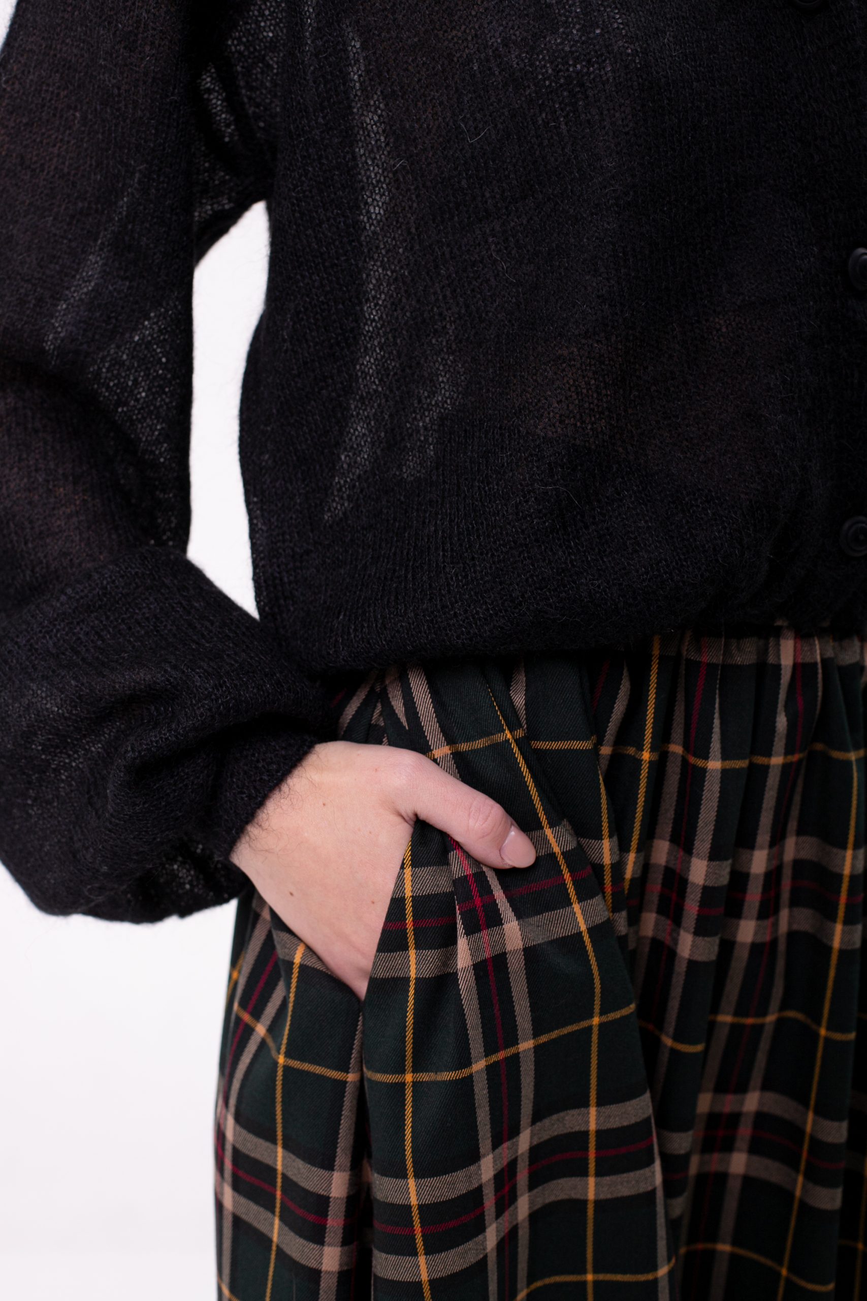 Checked Viscose Midi Skirt Green pocket view