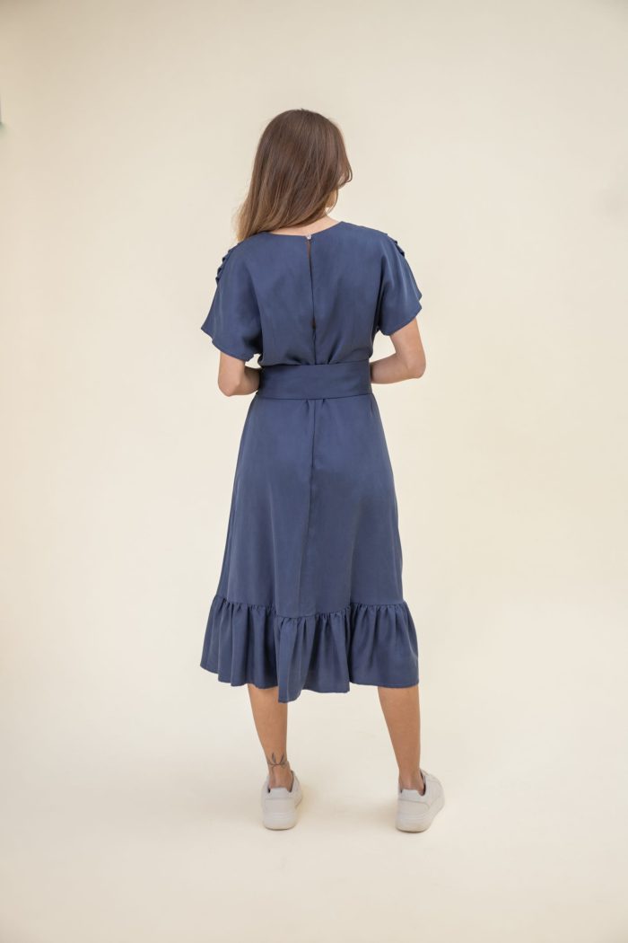 Ruffled Midi Drape Dress In Jeans Blue back view Ruffled Midi Drape Dress In Jeans Blue back view