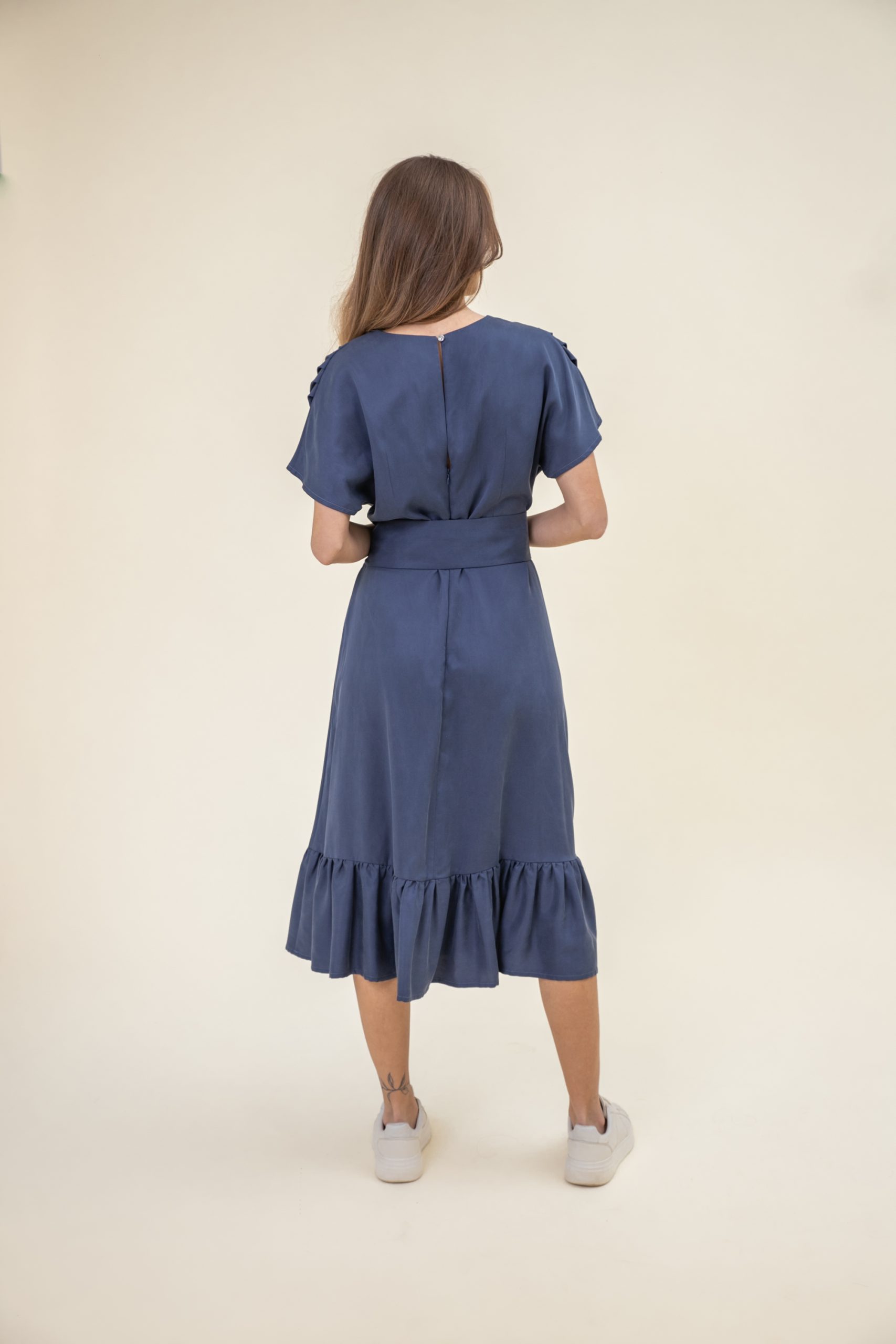 Ruffled Midi Drape Dress In Jeans Blue back view