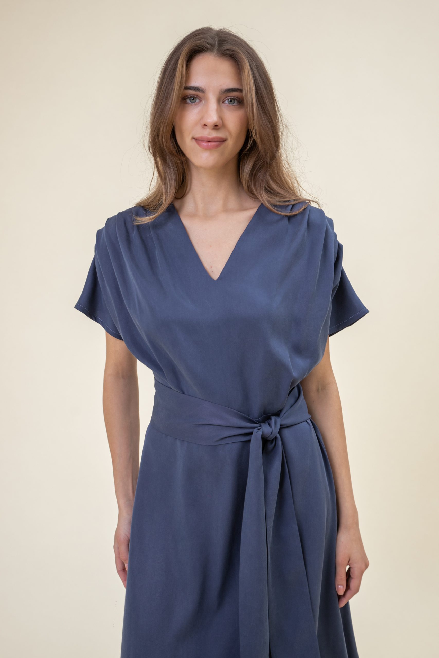 Ruffled Midi Drape Dress In Jeans Blue closer front view