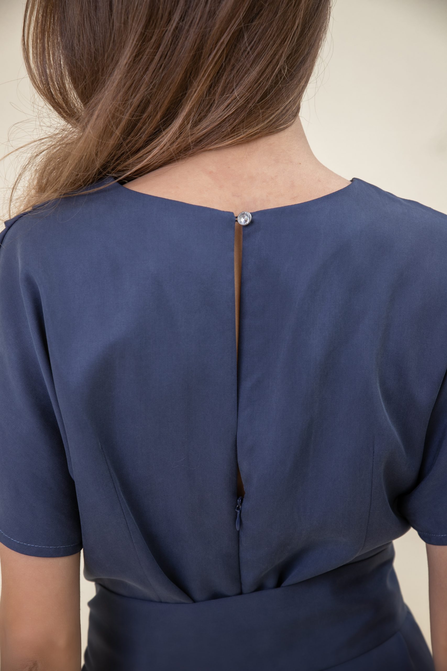Ruffled Midi Drape Dress In Jeans Blue closeup back view