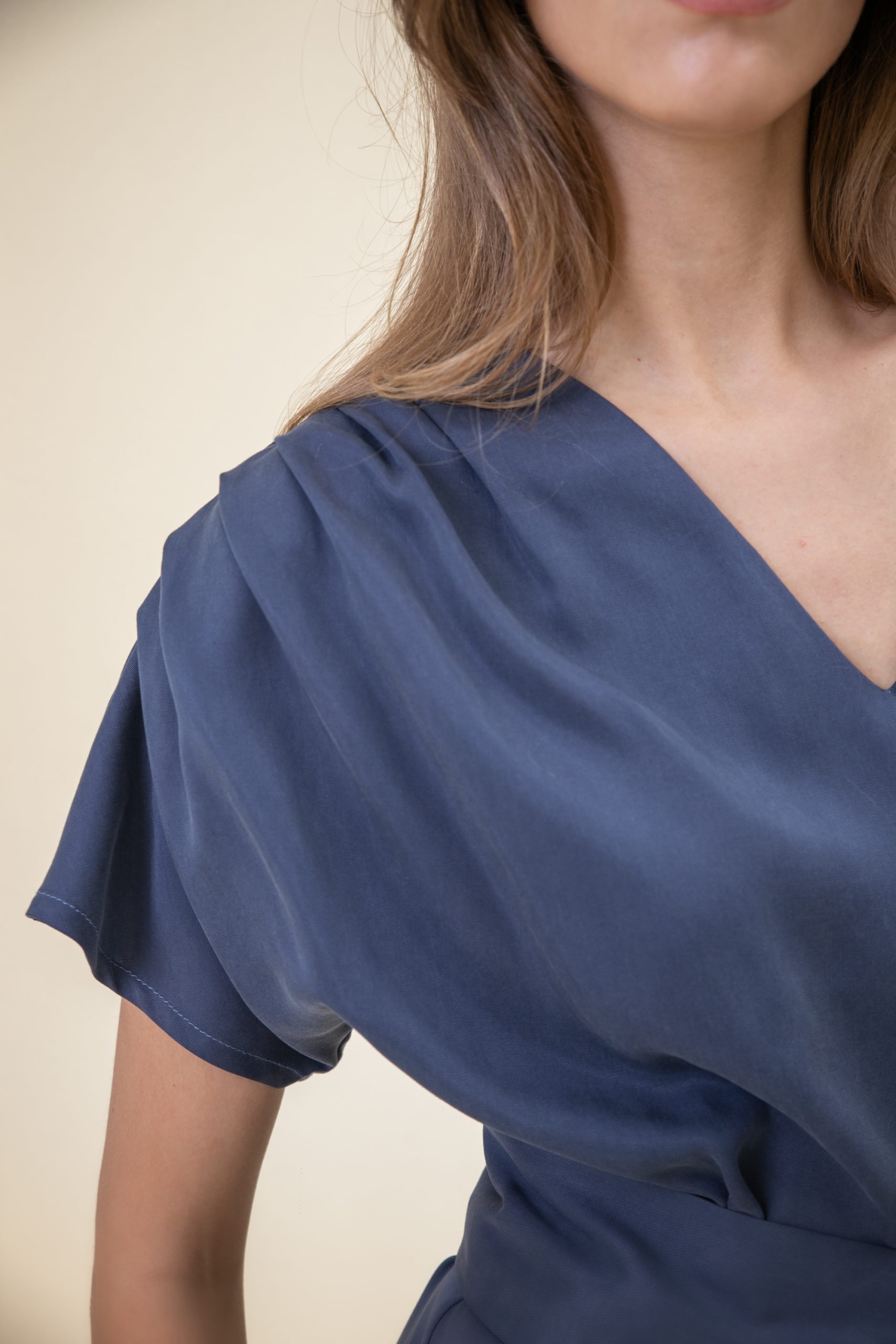 Ruffled Midi Drape Dress In Jeans Blue closeup front view