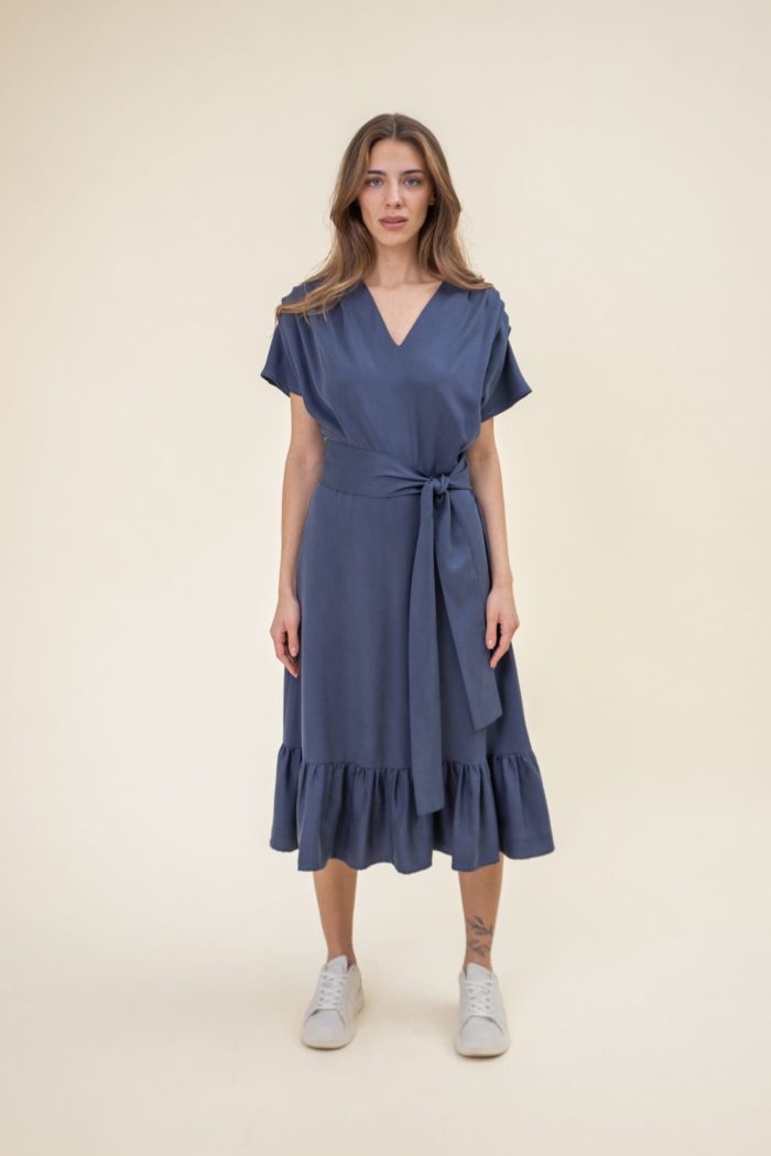 Ruffled Midi Drape Dress In Jeans Blue front view Ruffled Midi Drape Dress In Jeans Blue front view