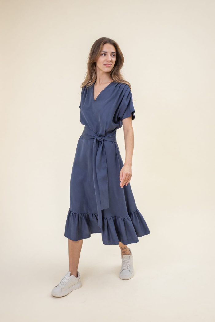 Ruffled Midi Drape Dress In Jeans Blue side view Ruffled Midi Drape Dress In Jeans Blue side view