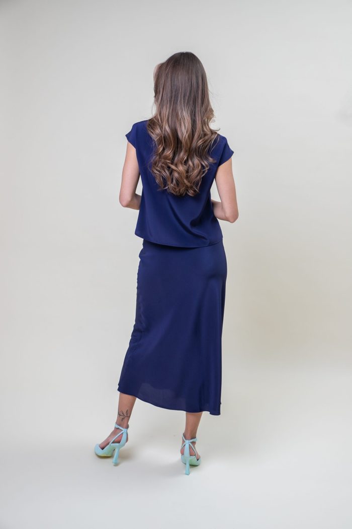 Silk Satin Midi Skir In Violette Blue back view Silk Satin Midi Skir In Violette Blue back view