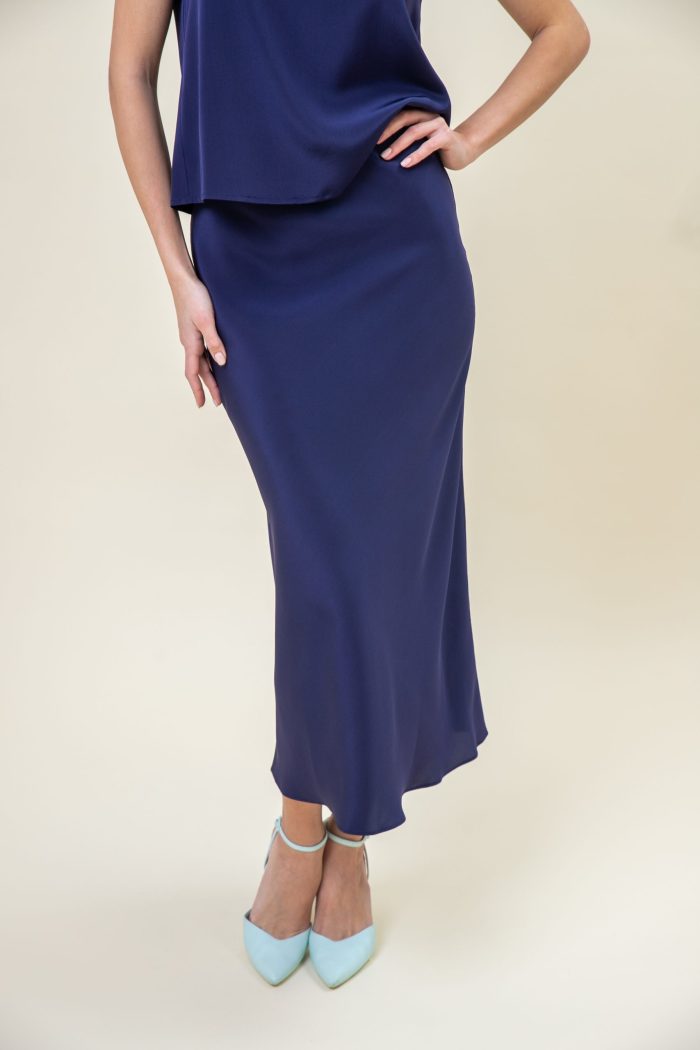 Silk Satin Midi Skir In Violette Blue low front view Silk Satin Midi Skir In Violette Blue low front view