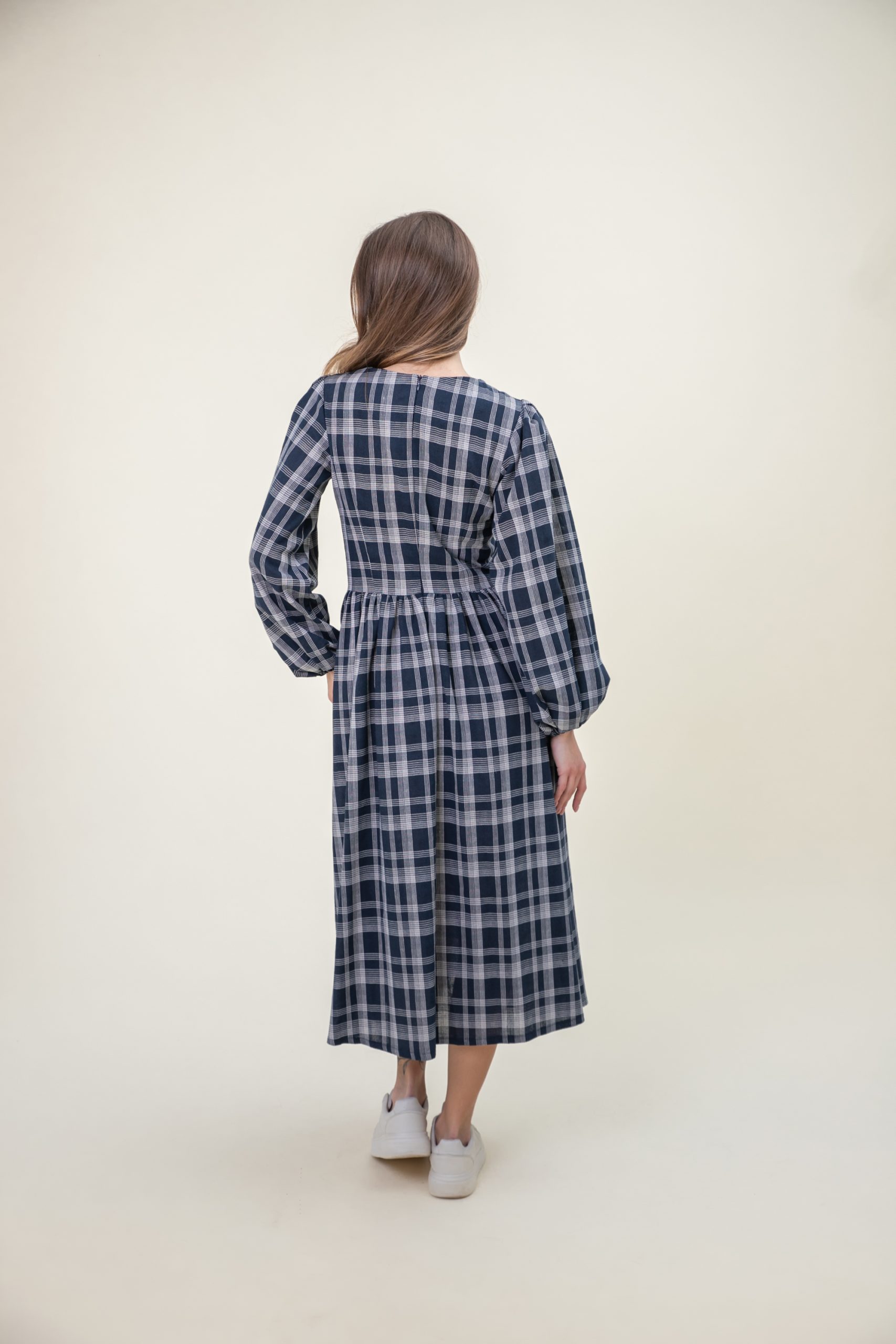 Check Linen Blend Midi Dress Balloon Sleeves Navy White closer back view