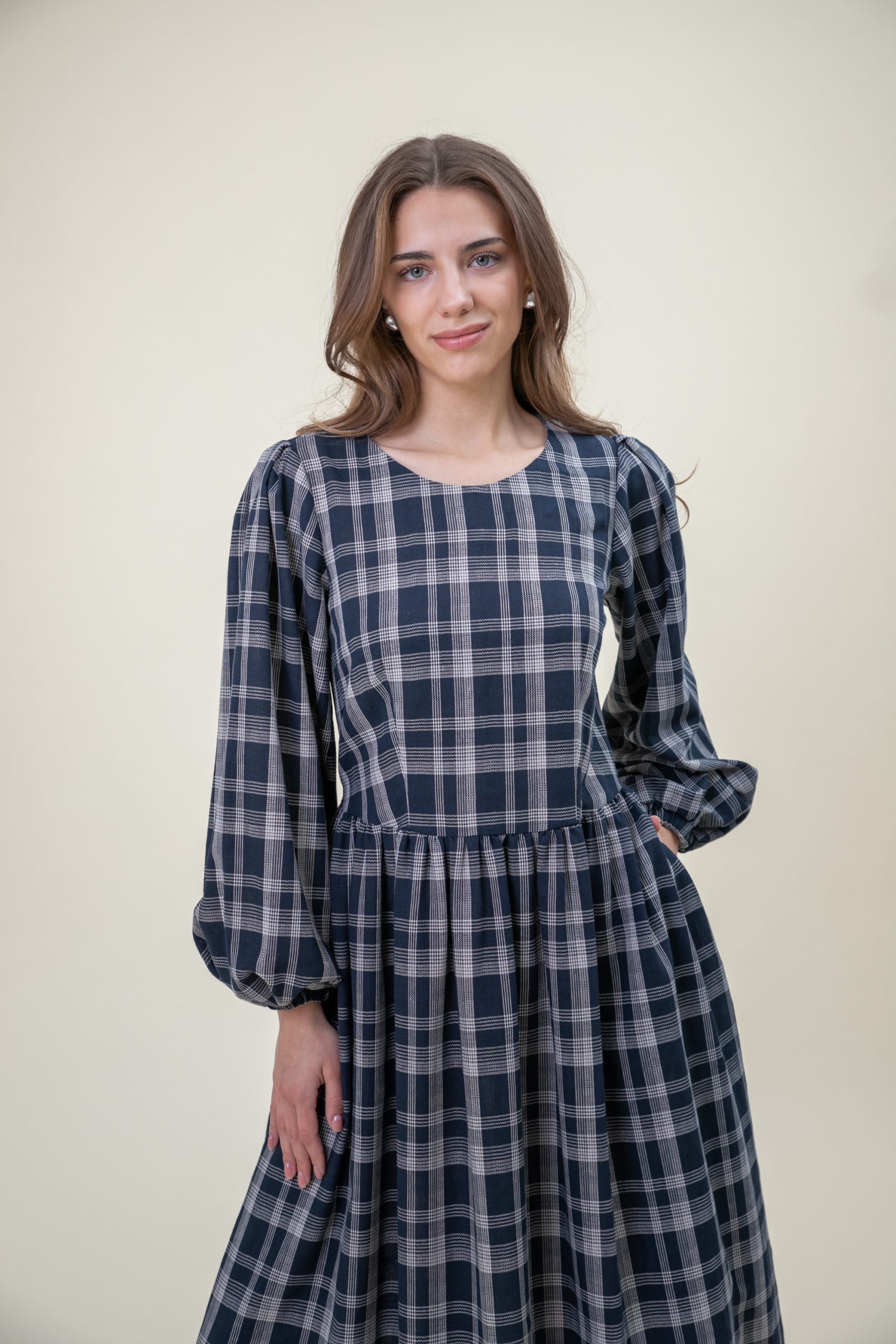 Check Linen Blend Midi Dress Balloon Sleeves Navy White closer front view