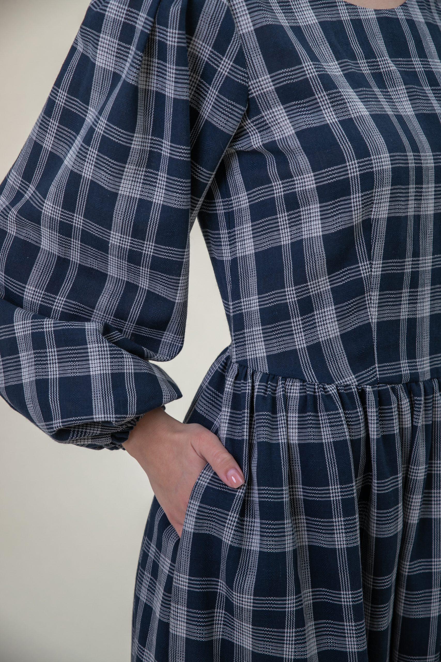 Check Linen Blend Midi Dress Balloon Sleeves Navy White closer pocket view