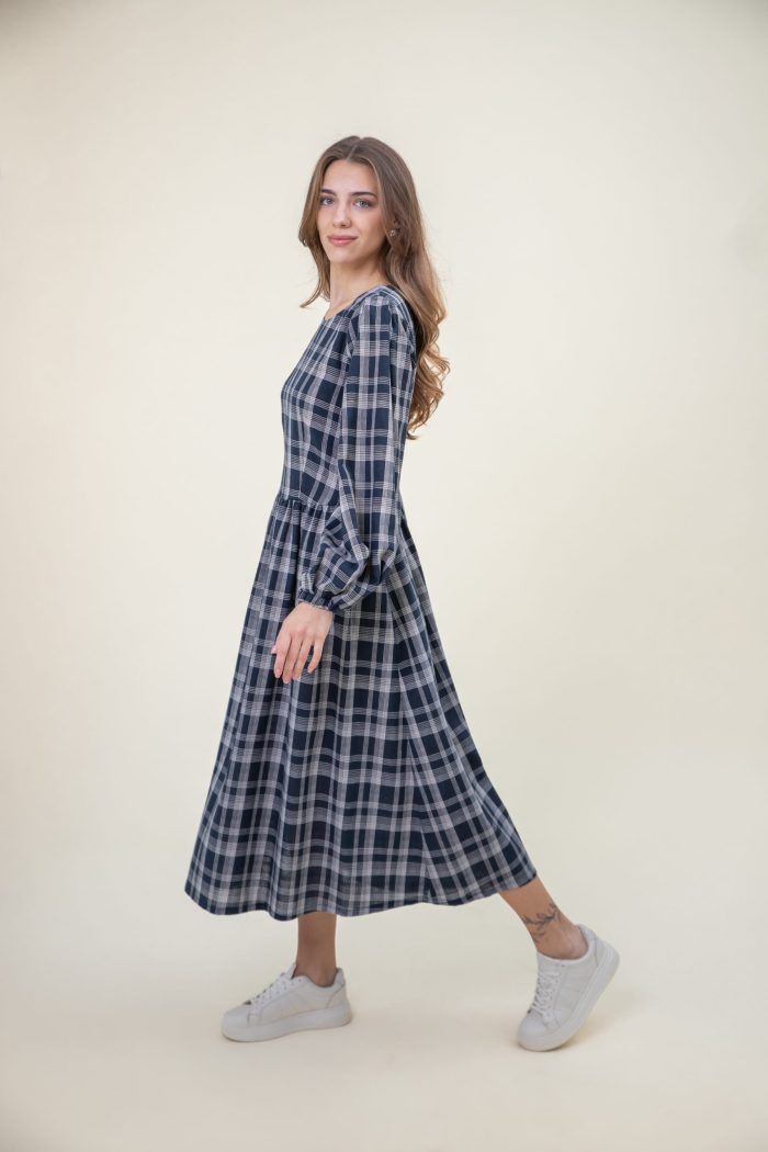 Check Linen Blend Midi Dress Balloon Sleeves Navy White closer side view Check Linen Blend Midi Dress Balloon Sleeves Navy White closer side view