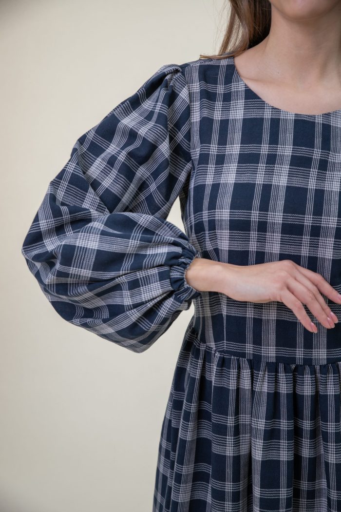 Check Linen Blend Midi Dress Balloon Sleeves Navy White closer sleeve view Check Linen Blend Midi Dress Balloon Sleeves Navy White closer sleeve view