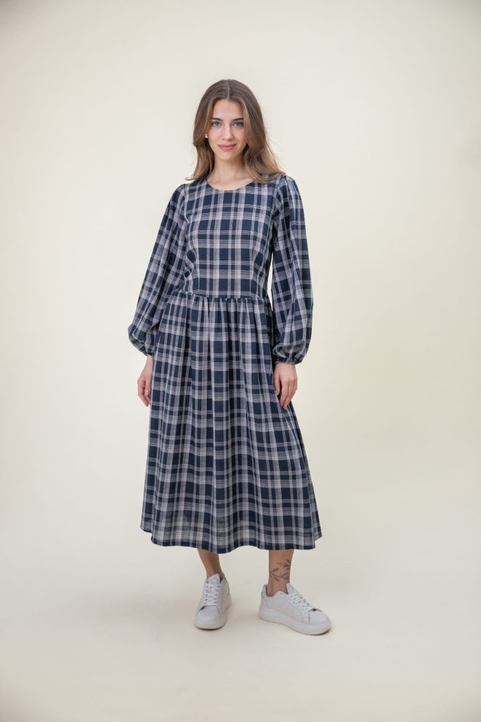 Check Linen Blend Midi Dress Balloon Sleeves Navy White front view Check Linen Blend Midi Dress Balloon Sleeves Navy White front view