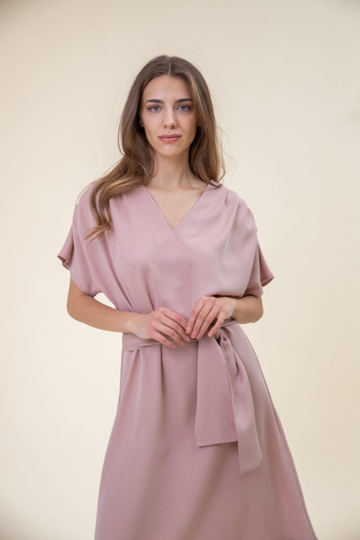 Ruffled Midi Drape Dress In Dust Pink arms view Ruffled Midi Drape Dress In Dust Pink arms view