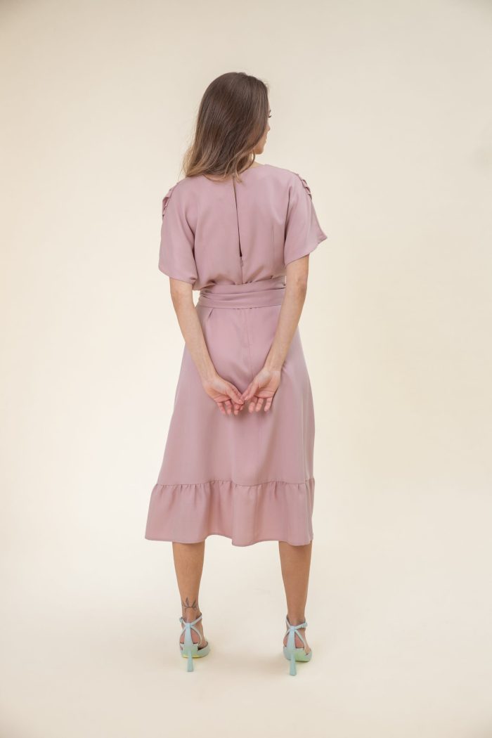 Ruffled Midi Drape Dress In Dust Pink back view Ruffled Midi Drape Dress In Dust Pink back view