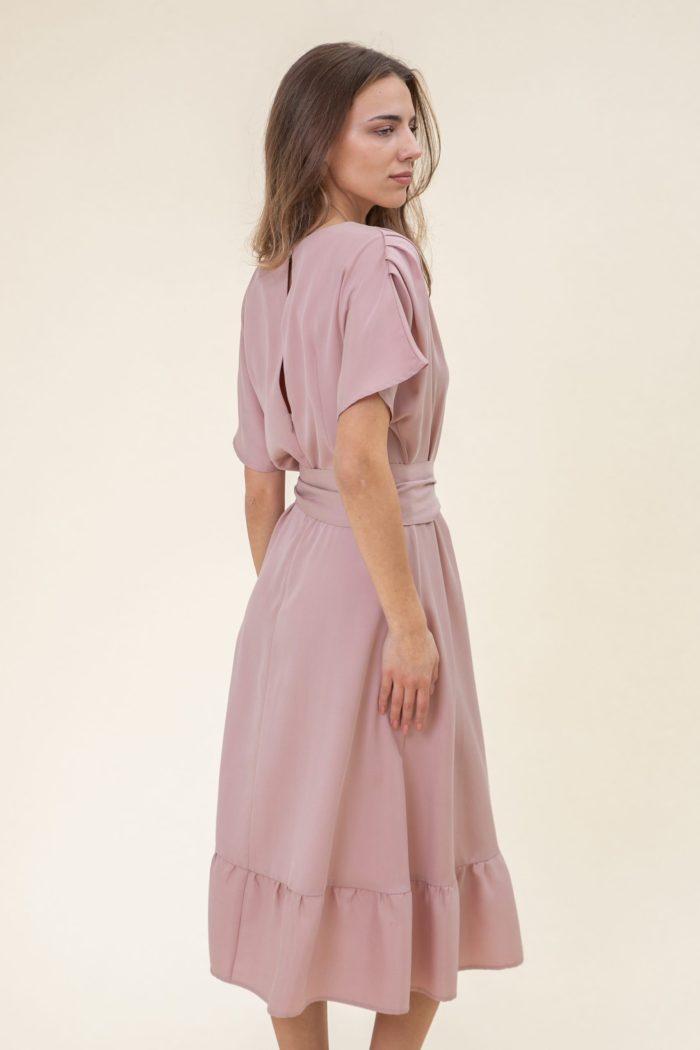 Ruffled Midi Drape Dress In Dust Pink side view Ruffled Midi Drape Dress In Dust Pink side view
