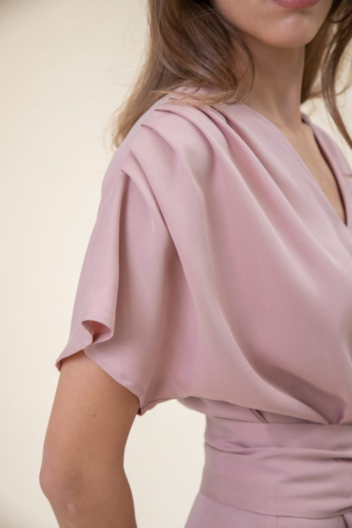 Ruffled Midi Drape Dress In Dust Pink sleeve view Ruffled Midi Drape Dress In Dust Pink sleeve view