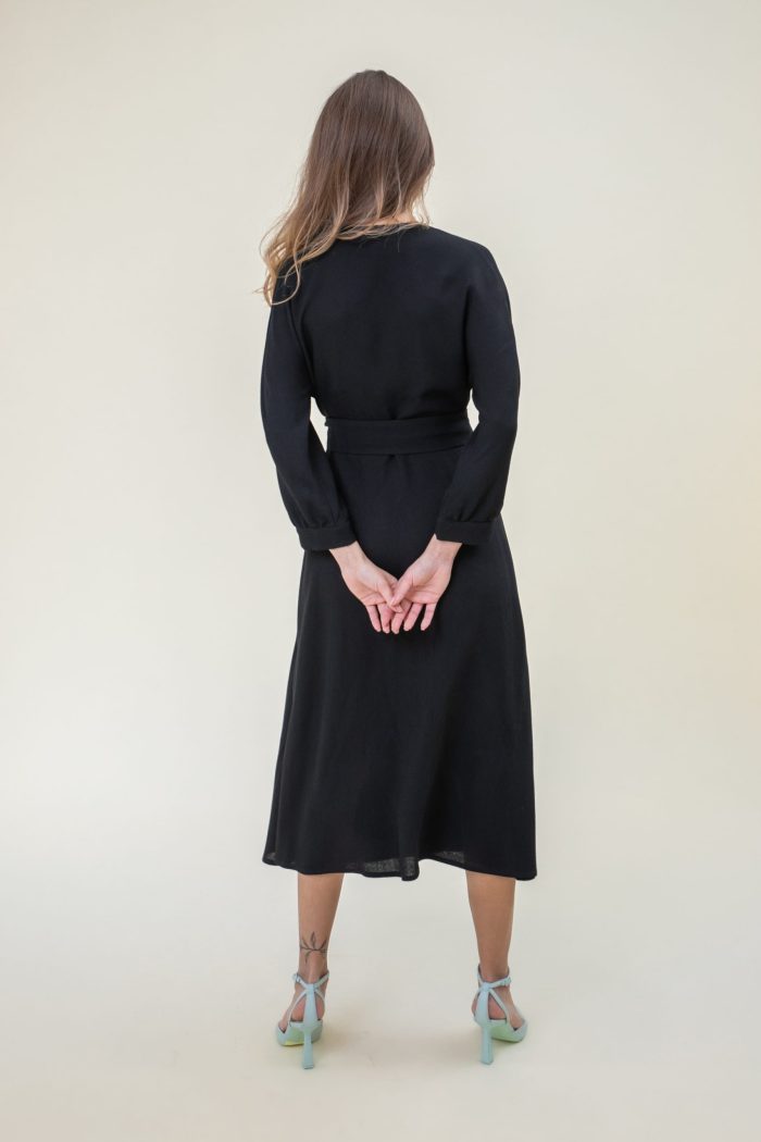Wrap Wool Crepe Midi Dress Black back view Wrap Wool Crepe Midi Dress Black back view