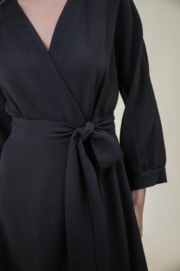 Wrap Wool Crepe Midi Dress Black bow view Wrap Wool Crepe Midi Dress Black bow view
