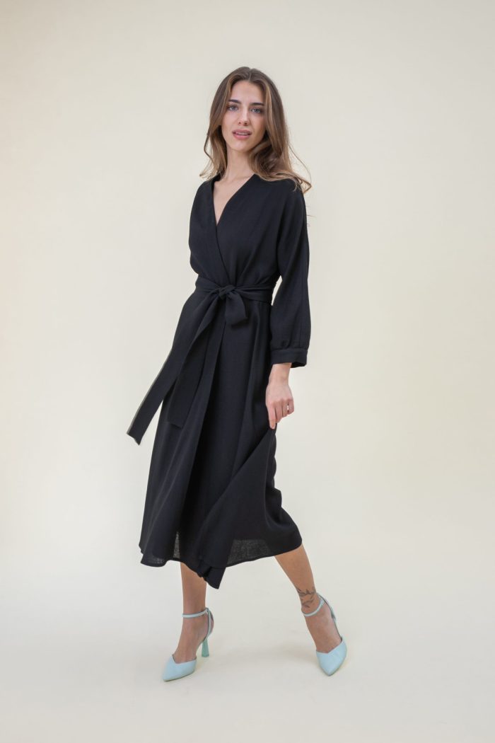 Wrap Wool Crepe Midi Dress Black side view Wrap Wool Crepe Midi Dress Black side view