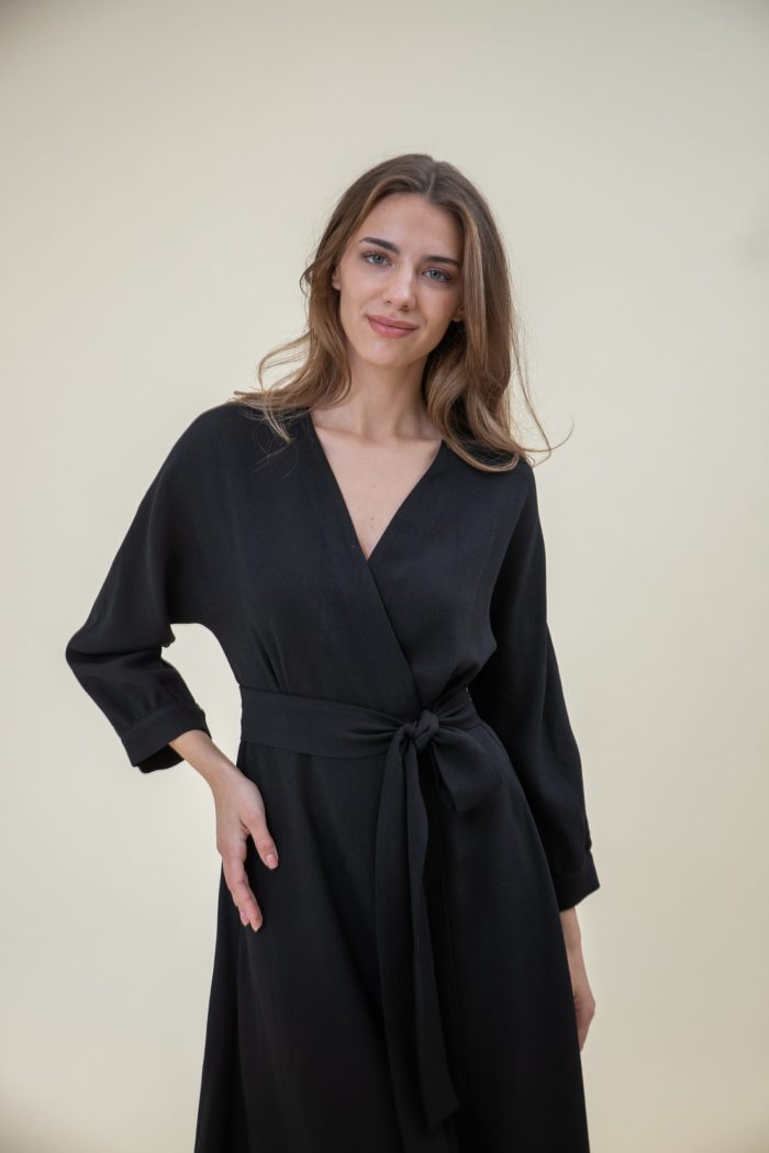 Wrap Wool Crepe Midi Dress Black sleeve view Wrap Wool Crepe Midi Dress Black sleeve view