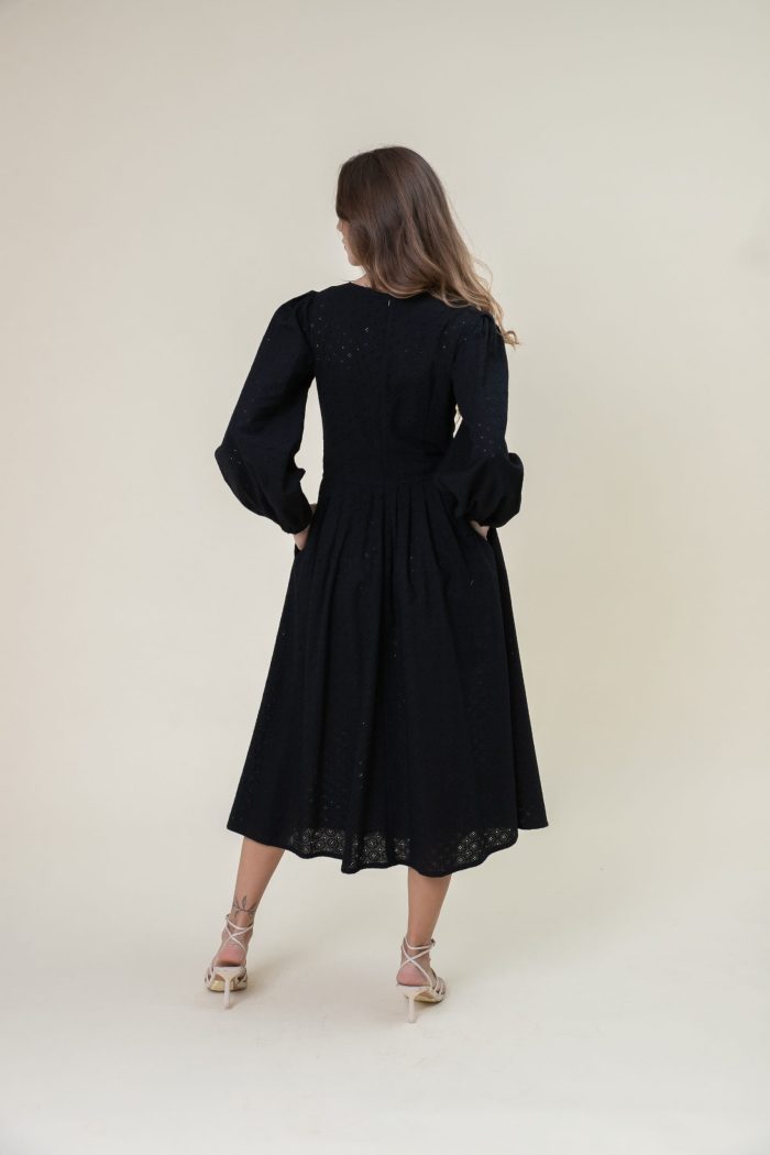 Anglaise Cotton Midi Dress Balloon Sleeve In Black back view.jpg Anglaise Cotton Midi Dress Balloon Sleeve In Black back view.jpg
