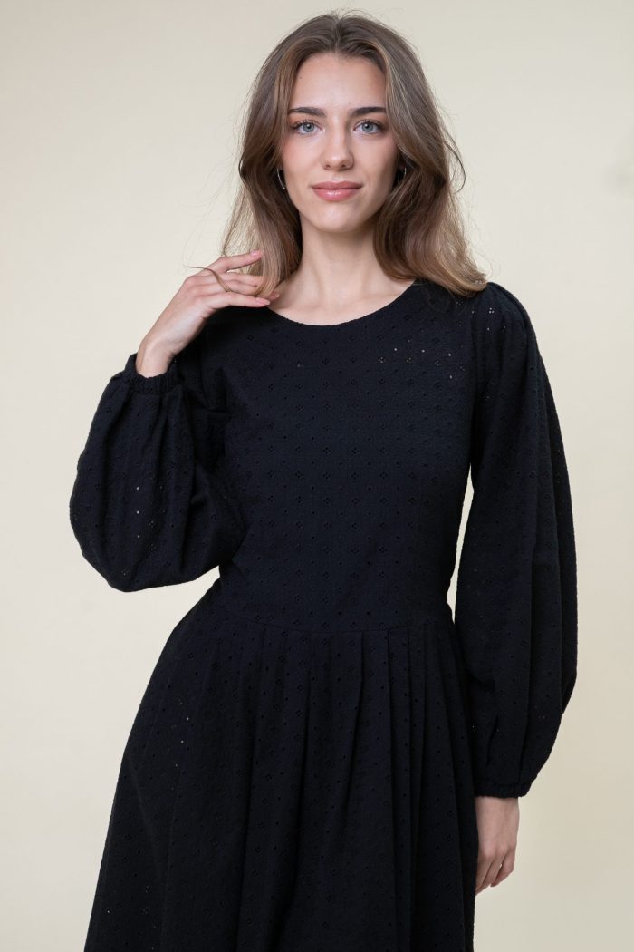 Anglaise Cotton Midi Dress Balloon Sleeve In Black close view.jpg Anglaise Cotton Midi Dress Balloon Sleeve In Black close view.jpg