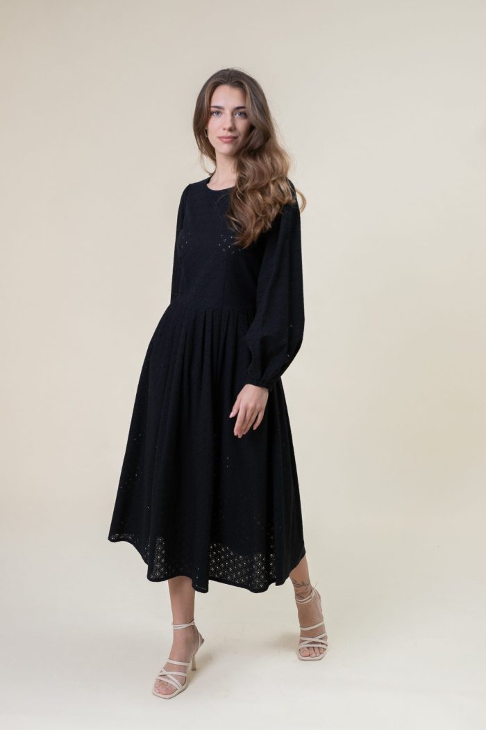 Anglaise Cotton Midi Dress Balloon Sleeve In Black motion view.jpg Anglaise Cotton Midi Dress Balloon Sleeve In Black motion view.jpg