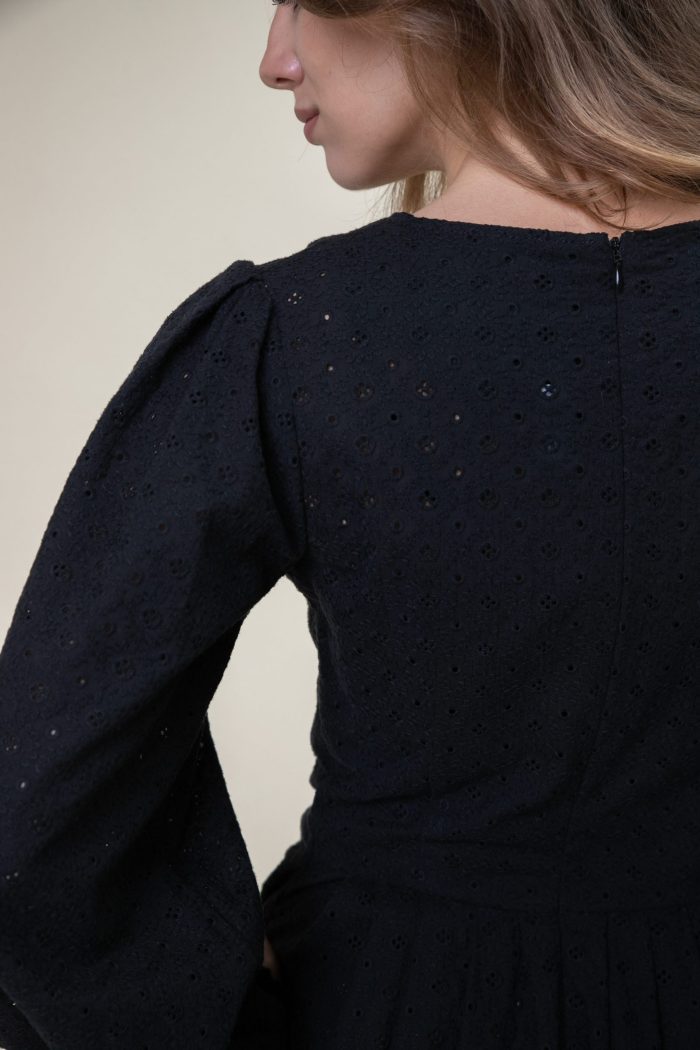 Anglaise Cotton Midi Dress Balloon Sleeve In Black sleeve view.jpg Anglaise Cotton Midi Dress Balloon Sleeve In Black sleeve view.jpg