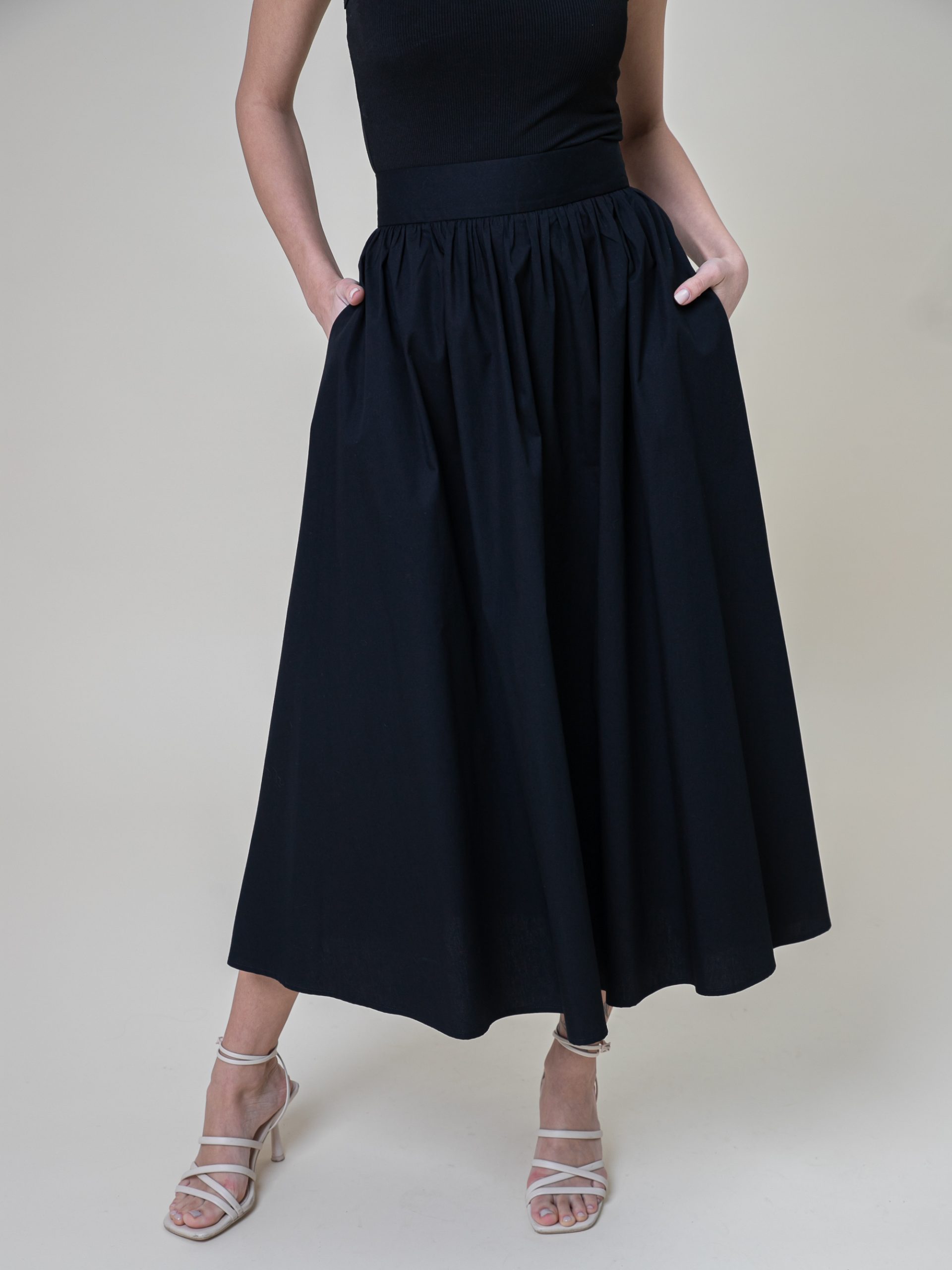 Cotton Poplin Midi Skirt In Black front skirt view