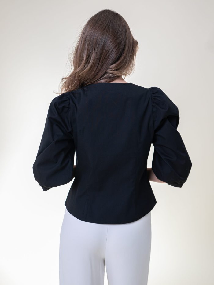 Cotton Poplin Puff Sleev Blouse In Black back view Cotton Poplin Puff Sleev Blouse In Black back view