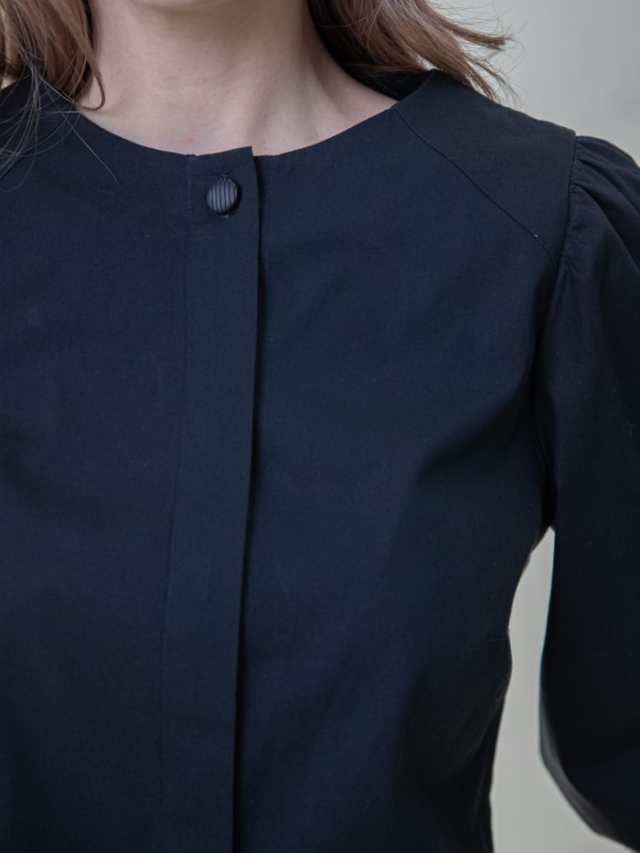 Cotton Poplin Puff Sleev Blouse In Black closeup view Cotton Poplin Puff Sleev Blouse In Black closeup view