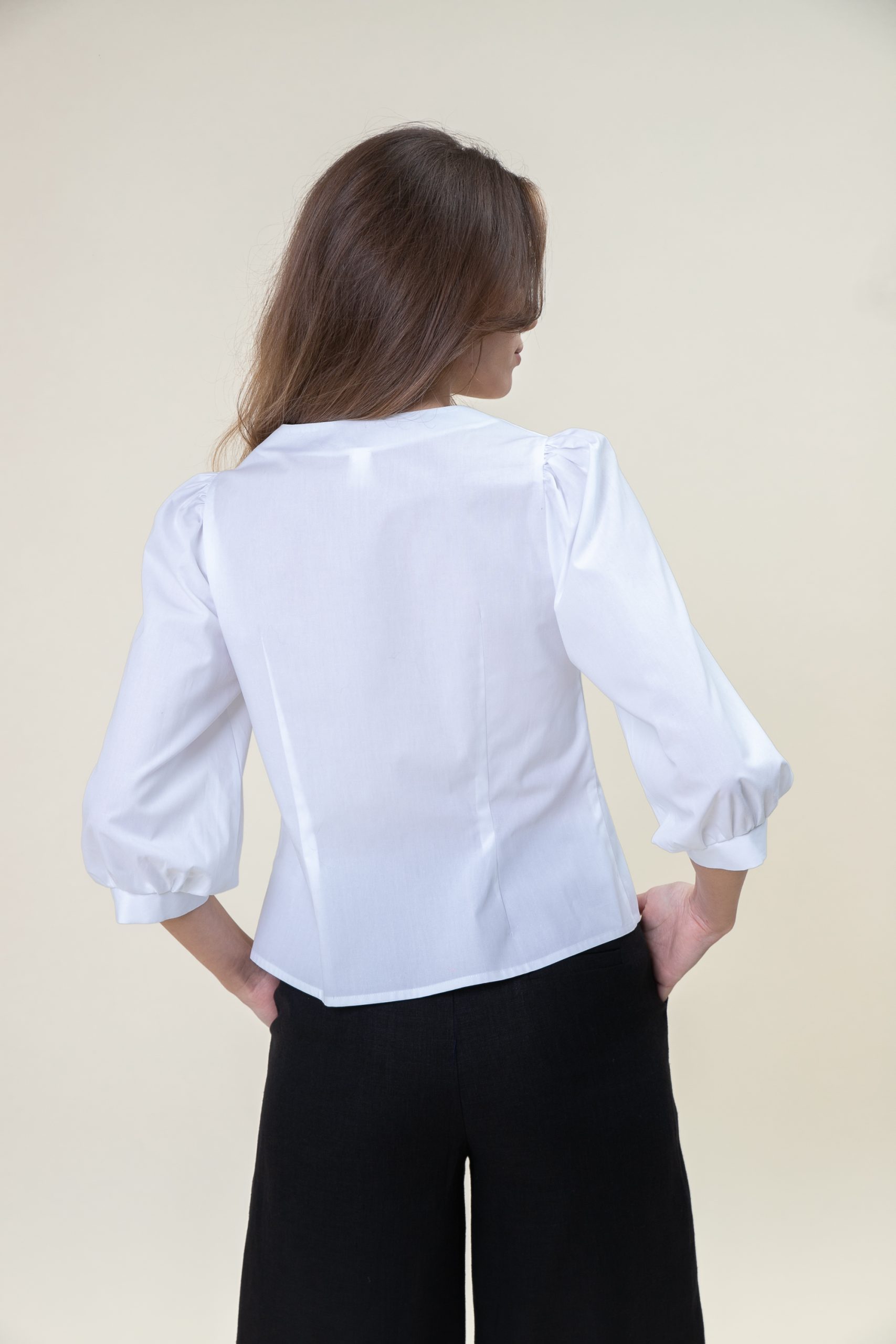 Cotton Poplin Puff Sleeve Blouse In White back view.jpg