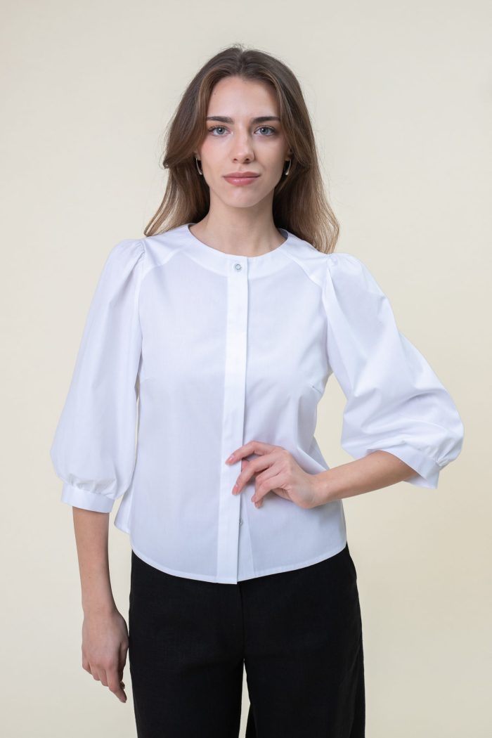 Cotton Poplin Puff Sleeve Blouse In White close view Cotton Poplin Puff Sleeve Blouse In White close view